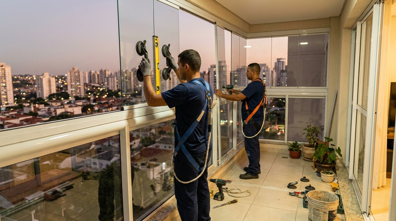 Equipe instalando parede de vidro em Maceió-AL